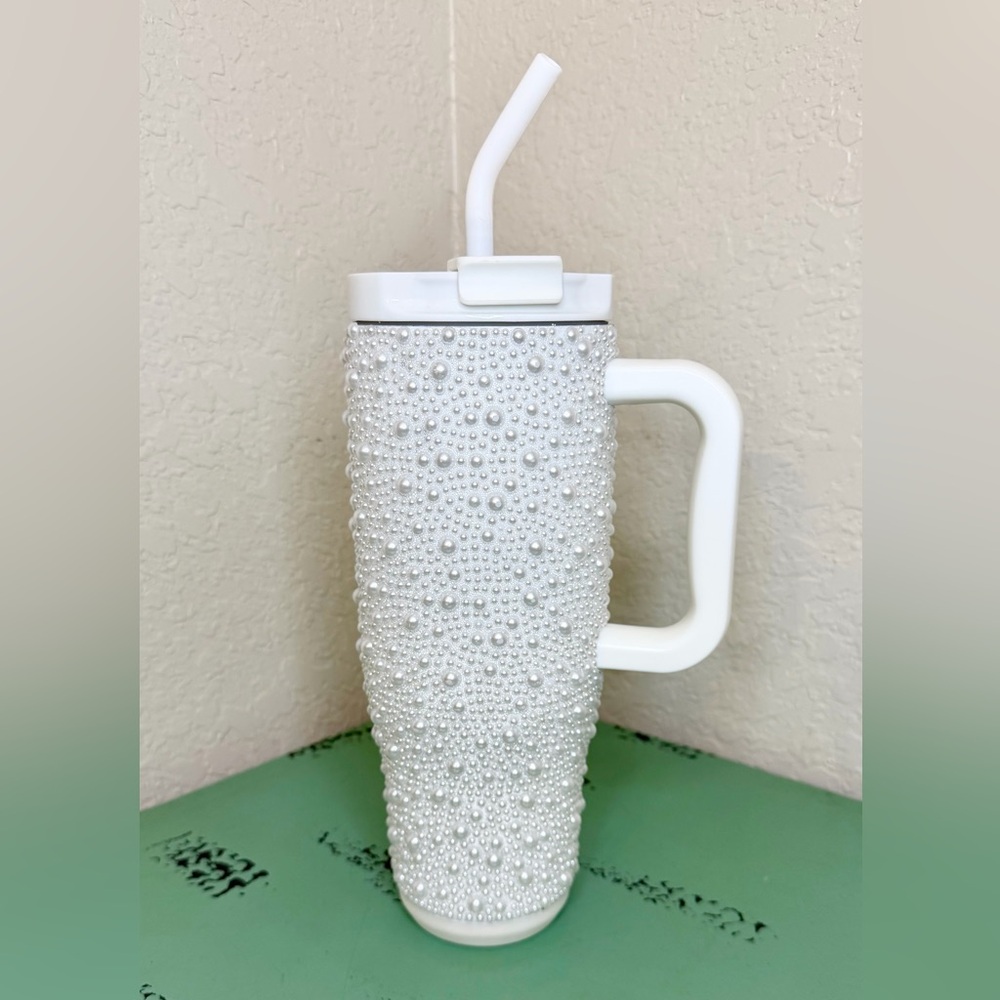 40oz Simply Southern Tumbler White Pearl Studded Cup Handle Straw Stanley Style